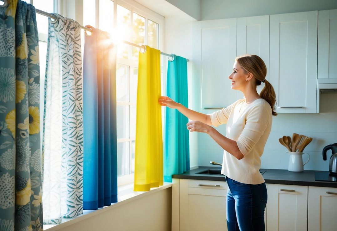 A woman stands in a bright kitchen choosing between different patterns and colors of curtains for the windows Sunlight streams in highlighting the fabric choices